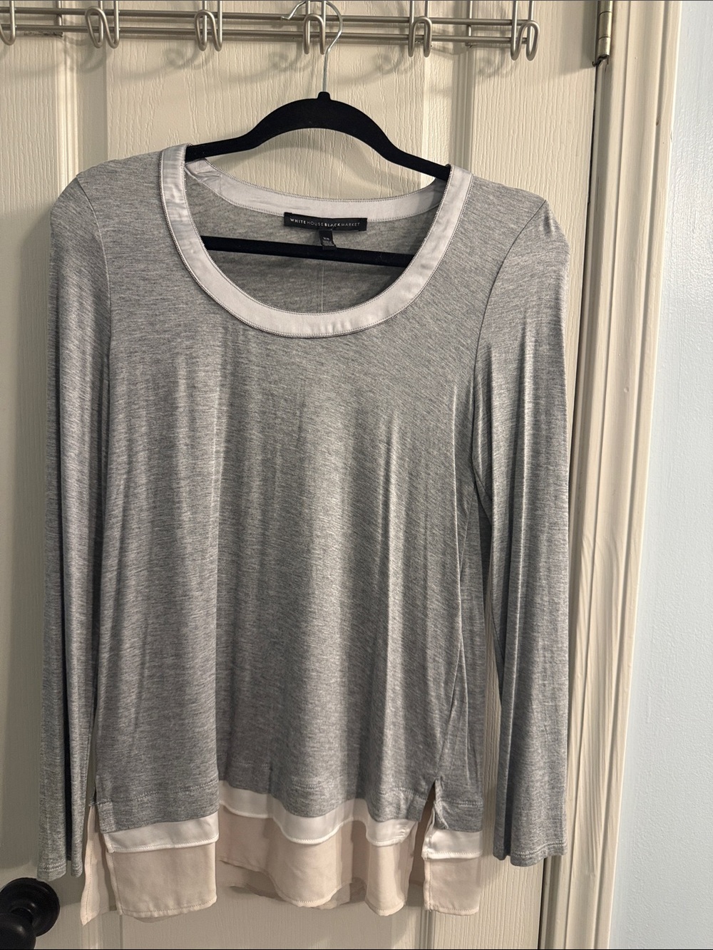 White House Black Market Gray Long-Sleeve Scoop Neck Top with Cream Layered Hem